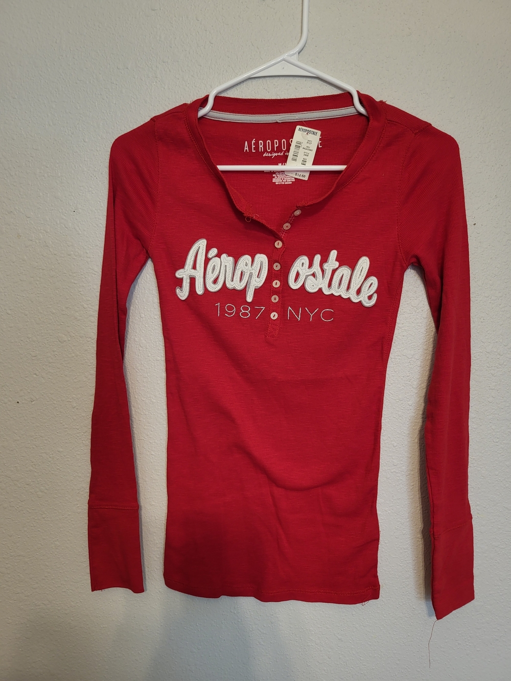 Aeropostale Red Long Sleeve Henley with White Logo